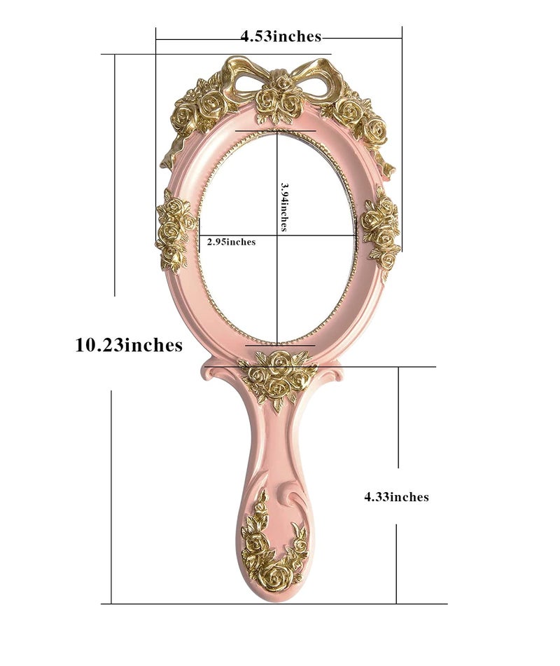 Nerien Handheld Mirror Vanity Makeup Mirror Travel Princess Metal Cosmetic Mirror Portable Oval Embossed Rose Mirrors Decorative Desk Girl Student Vintage Beautiful Handle Mirrors Pink-3 - Image 2